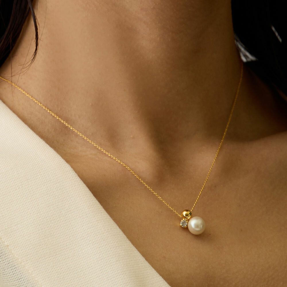 日本製 光澤柔美珍珠寶石項鍊-金