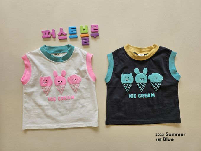 韓國 First Blue - 動物甜筒印無袖上衣-白X桃粉X藍綠