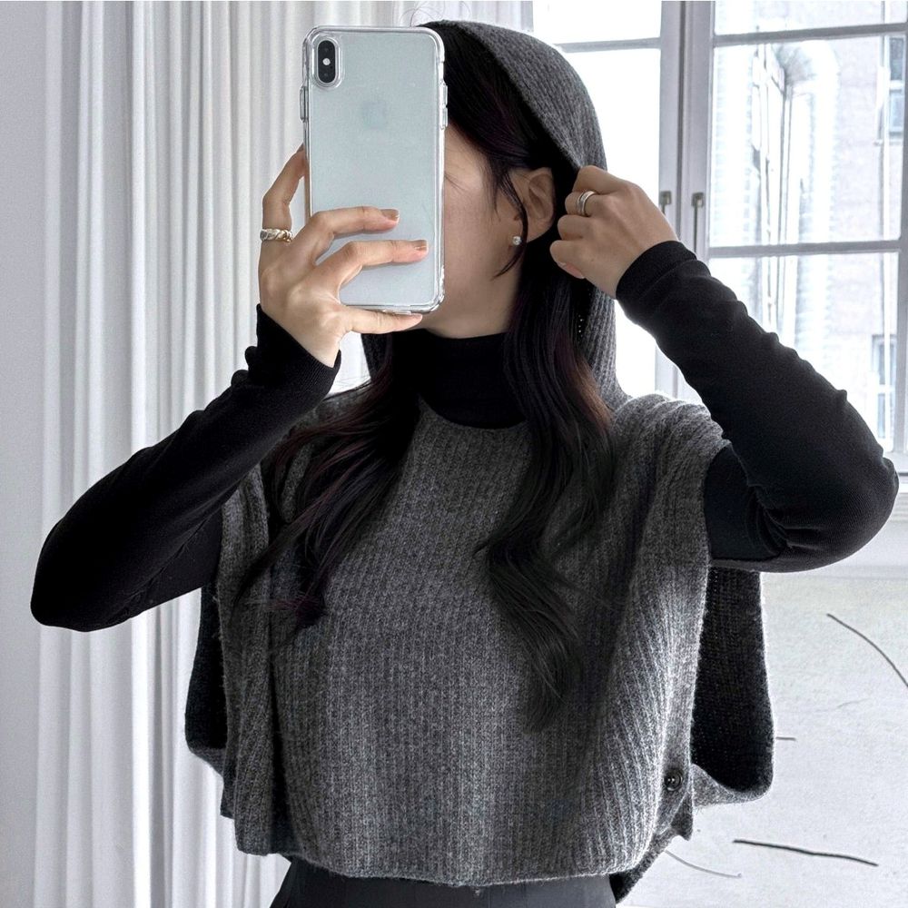 細緻喀什米爾羊毛短版連帽背心-深灰 (FREE)