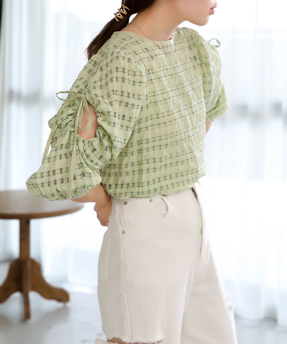 日本 Bab - 甜美格紋抽繩澎澎袖上衣-米杏