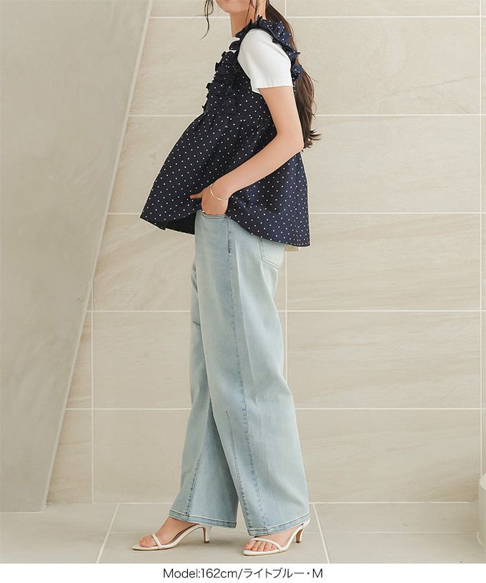 日本 Kobe Lettuce - 接觸冷感 時尚曲線錐型牛仔褲-(可選長度)-水藍