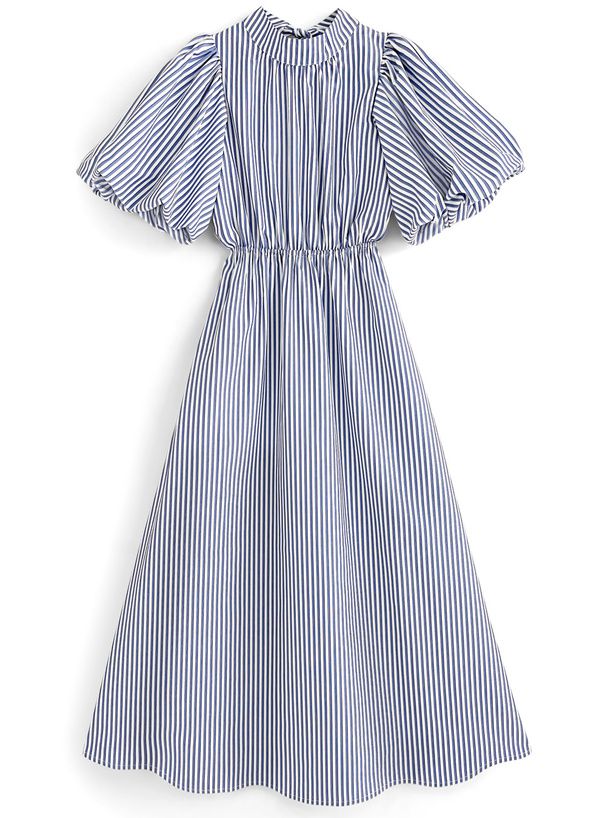 日本 GRL - 文藝浪漫後綁帶泡泡袖洋裝-直條紋-奶茶棕