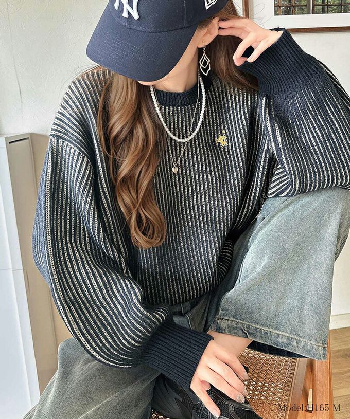 日本 Classical Elf - 刺繡logo 線條感針織長袖上衣-橘紅x米