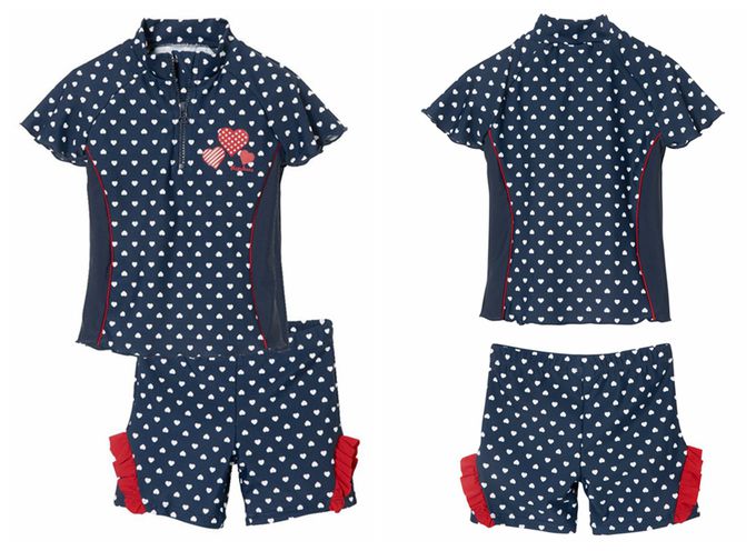 德國Playshoes - 抗UV防曬短袖兩件組兒童泳裝-愛心荷葉邊