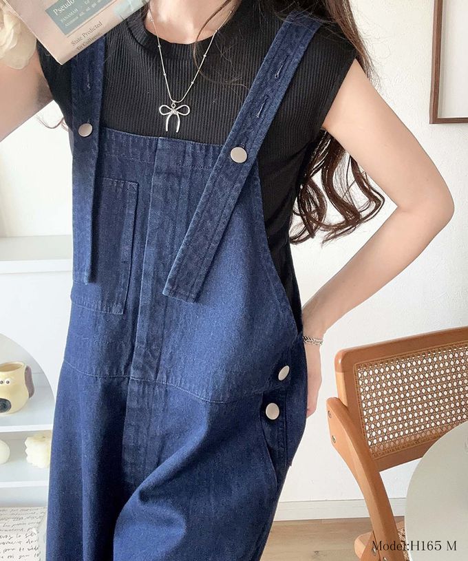 日本 Classical Elf - 純棉廓形丹寧風吊帶褲-側圓扣-象牙