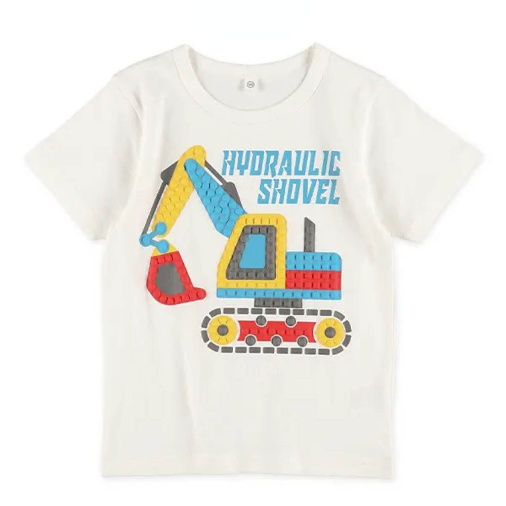 立體發泡印花短袖上衣-挖土機-白