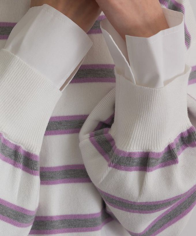 日本 ELENCARE DUE - 假二件襯衫領輕盈落肩長袖上衣-海軍藍x綠條紋