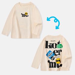 BE TOP - 純棉圓領薄長袖上衣-時尚標語標籤-米杏