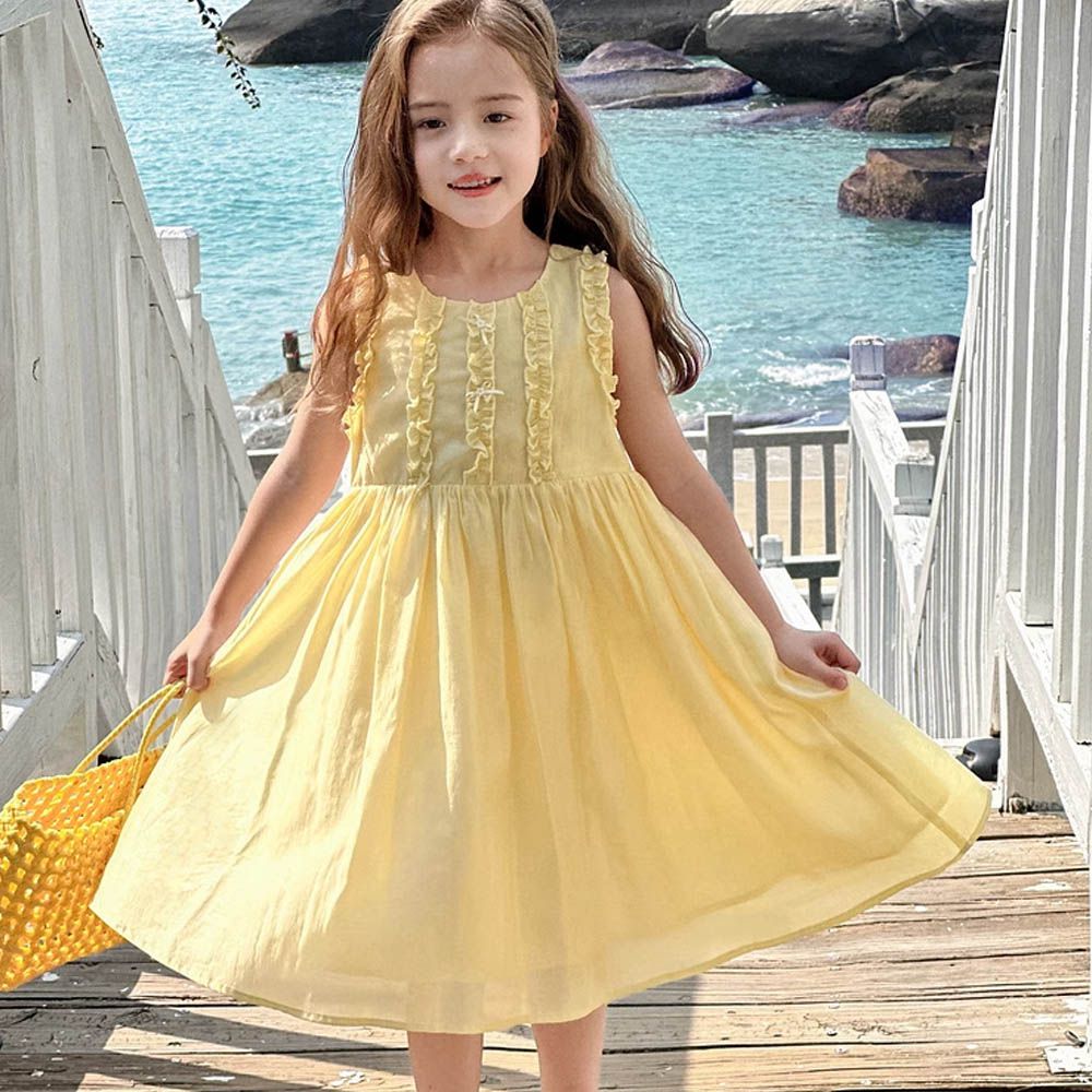 涼感天絲無袖洋裝-皺褶花邊-黃色