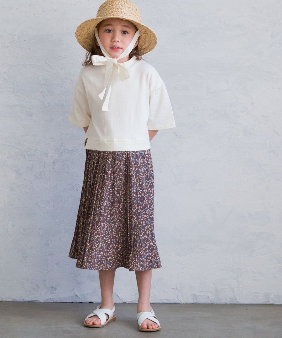 日本 PAIRMANON - 柔棉 上下拼接百褶短袖洋裝-碎花-摩卡X米