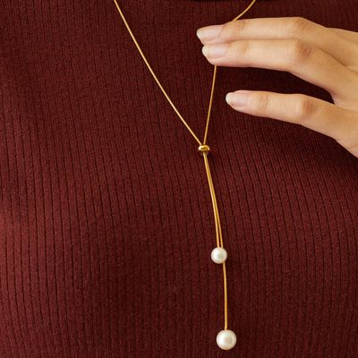 日本 Melody Accessory - 18k金Y字型優雅珍珠長項鏈-金