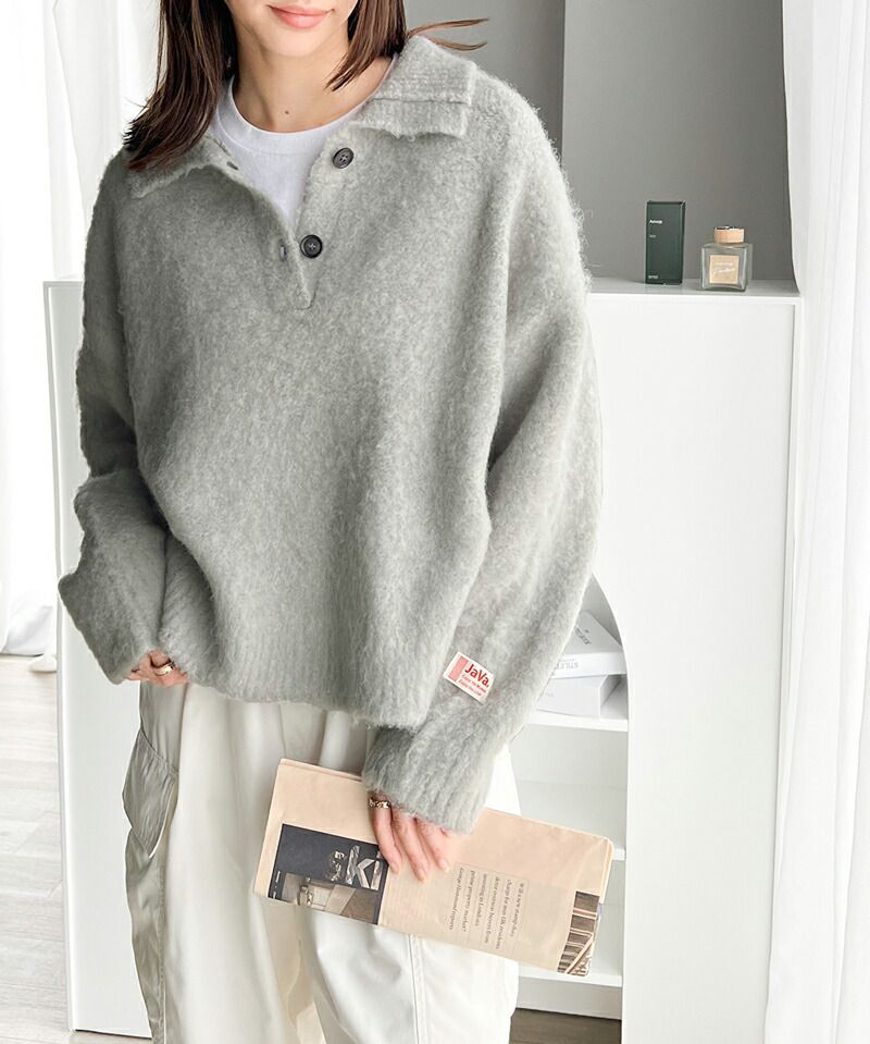 日本 Classical Elf - 毛茸茸排扣翻領寬鬆毛衣-深灰