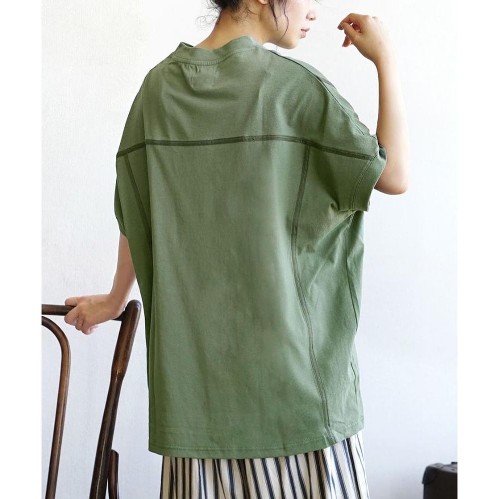 日本 zootie - 純棉線條拼接設計感五分袖上衣-軍綠