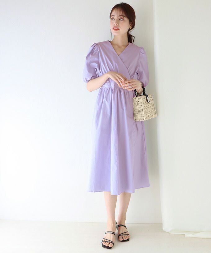 日本 BLUE EAST - 悠閒時光V領綁帶短袖洋裝-桃粉