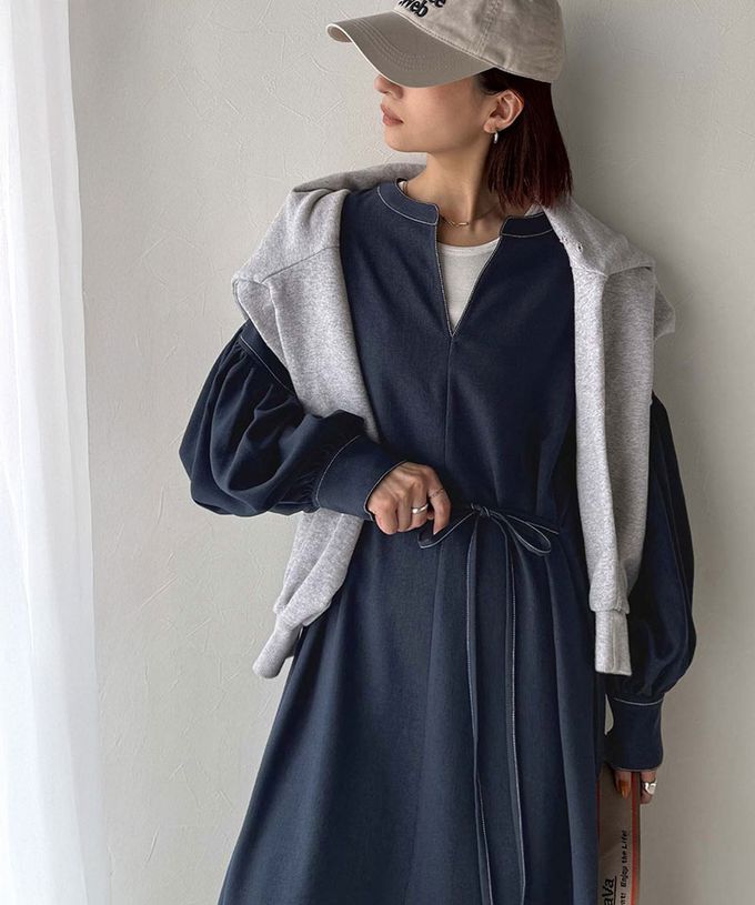 日本 Classical Elf - 鑰匙領氣質澎澎腰綁帶長袖洋裝-海軍藍