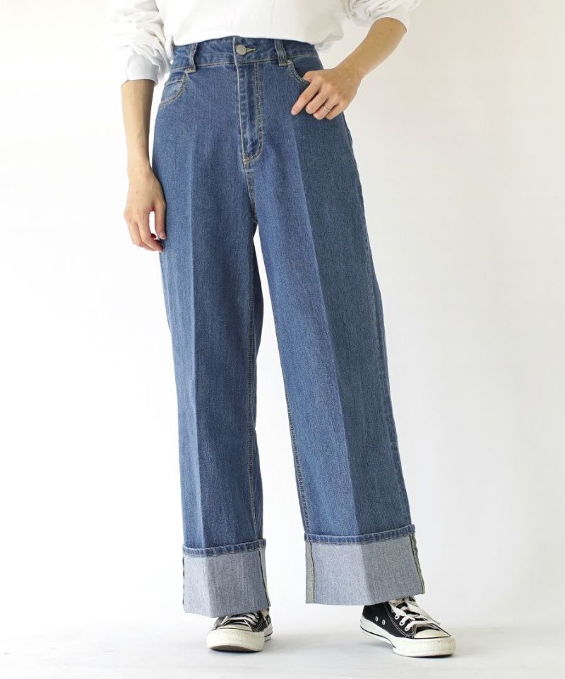 日本 zootie - 修身打褶反折單寧牛仔褲-靛藍