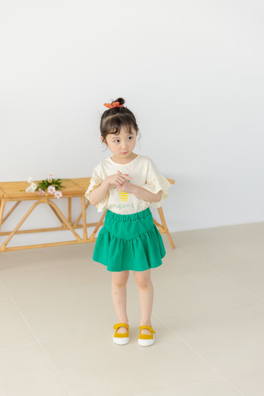 韓國 Orange Mom - 鳳梨大荷葉袖上衣-蜜桃橘