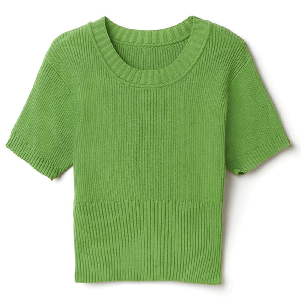 日本 GRL - 圓領顯瘦羅紋短袖上衣-青草綠