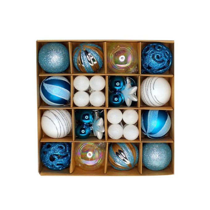 MODACore 摩達客 - 30mm + 60mm造型彩繪球42入吊飾禮盒裝(16格)銀藍色系| 聖誕樹裝飾球飾掛飾