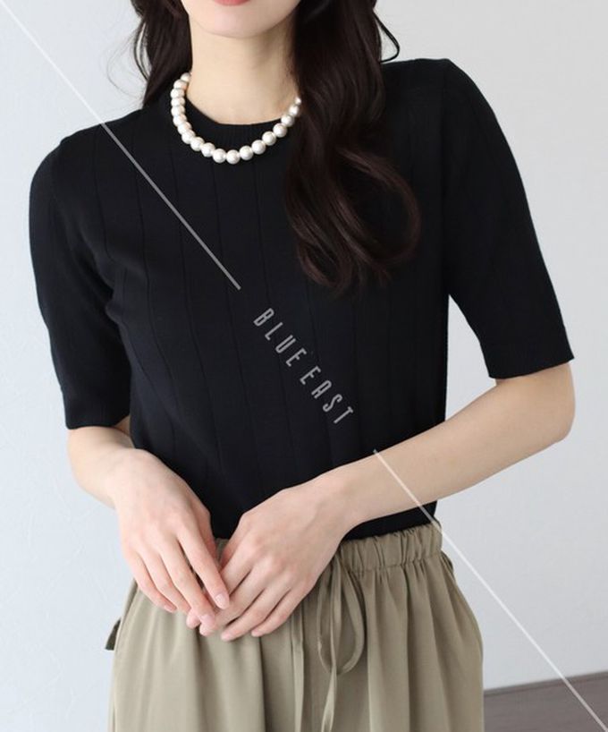 日本 BLUE EAST - 羅紋彈性薄針織五分袖上衣-復古紅