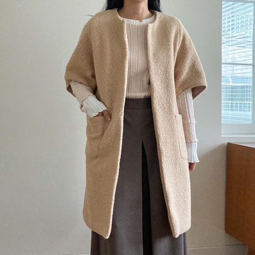 韓國女裝連線 - 毛圈感五分袖開襟大衣外套-卡其 (FREE)