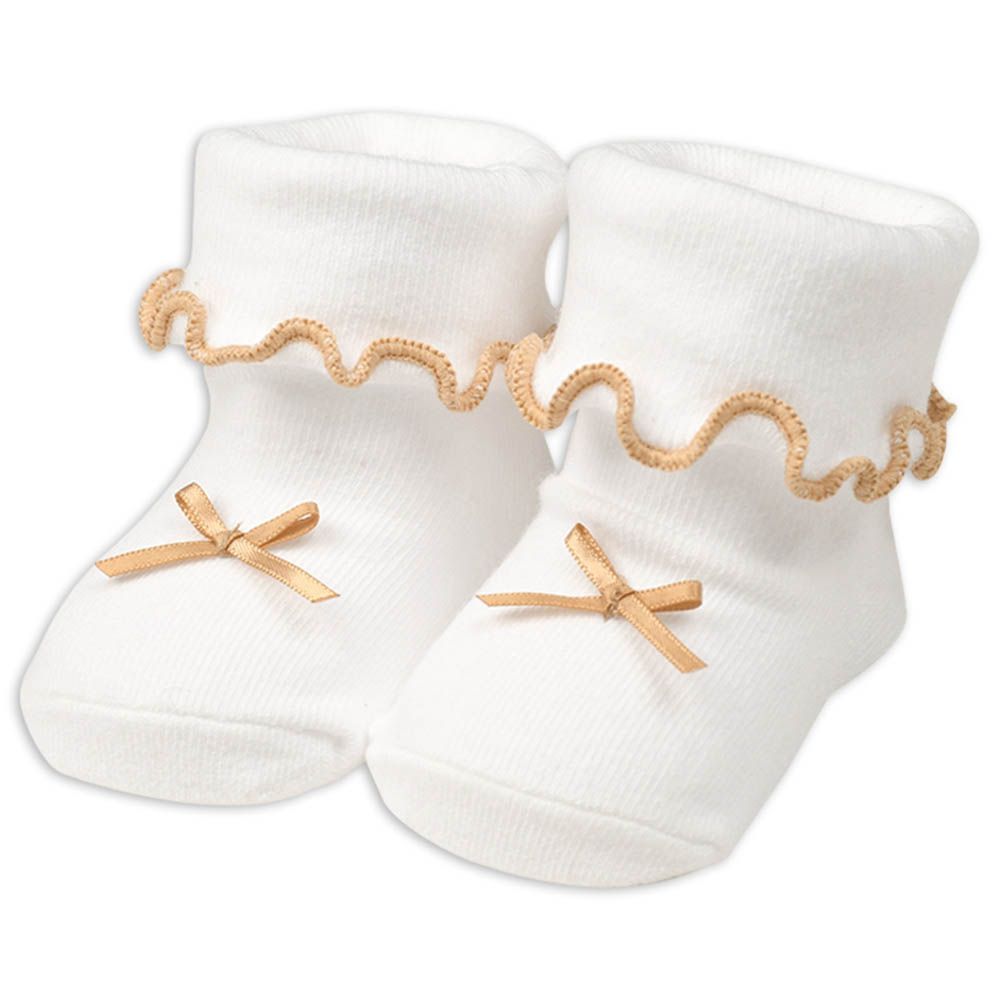 新生兒木耳邊反摺襪-蝴蝶結-米白色 (7~9cm)