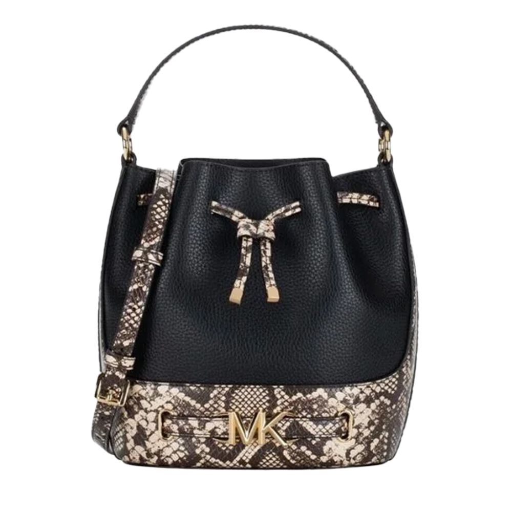 拼接蛇紋皮革水桶兩用包 (黑)