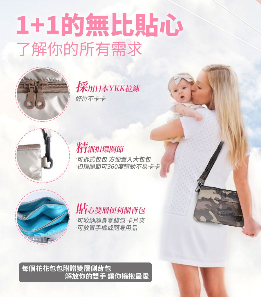 HanaBene 花花班尼 - 經典極輕量時尚多功能空氣包/媽媽包/親子包-中後背包-漾彩海軍藍 (附側雙層小側包)