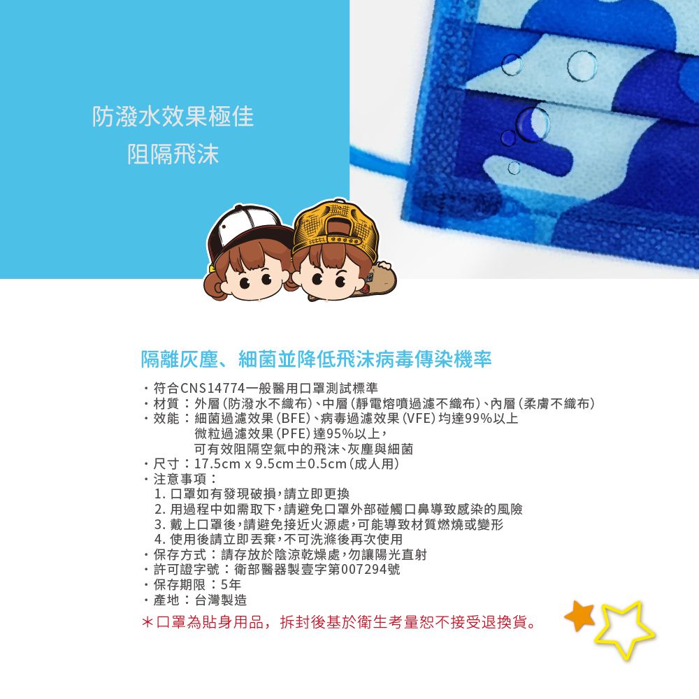 醫療防護口罩(兒童)  天藍迷彩紋 50入盒裝-平面口罩