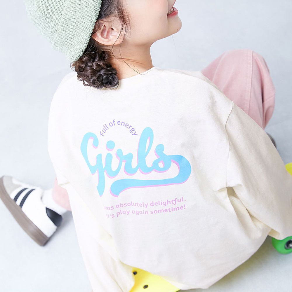 100%棉 圓弧下擺印花長袖T恤-girls-白