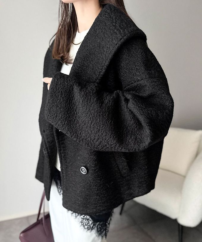 日本 Classical Elf - 注目大翻領優雅毛呢感大衣外套-淺摩卡