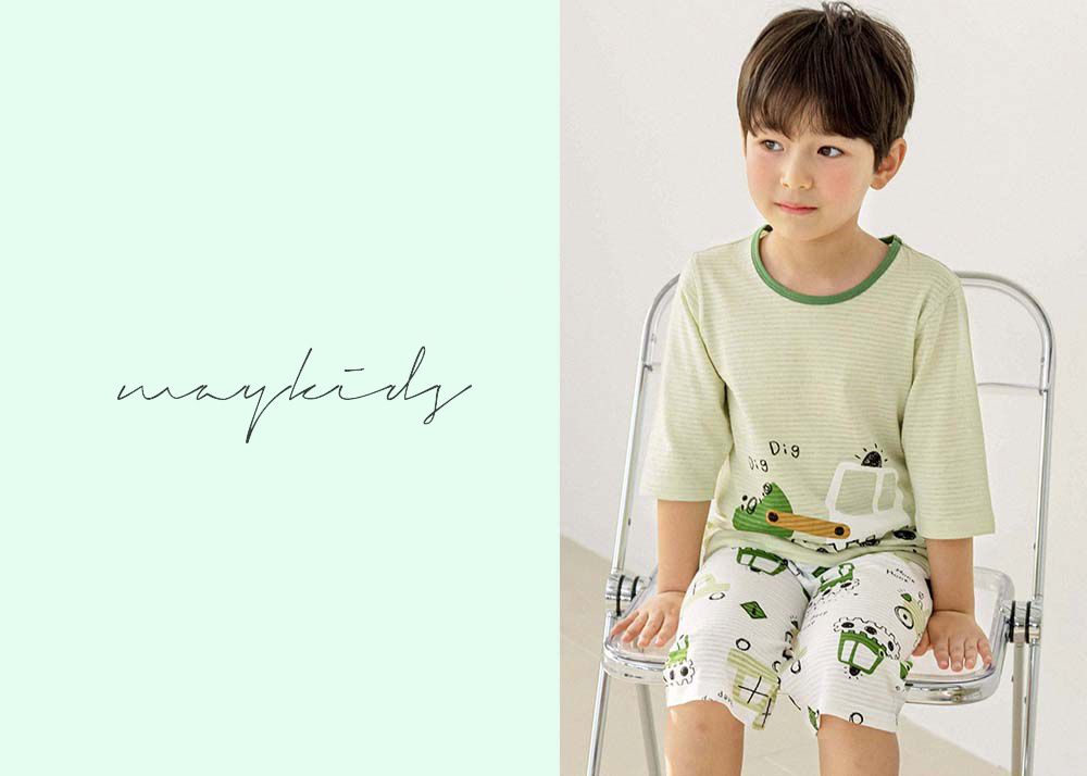 韓國 Maykids - 無螢光棉透氣七分袖家居服-工地挖土機