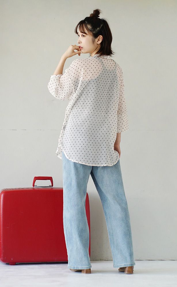 日本 zootie - 復古點點透視感長袖襯衫-米杏