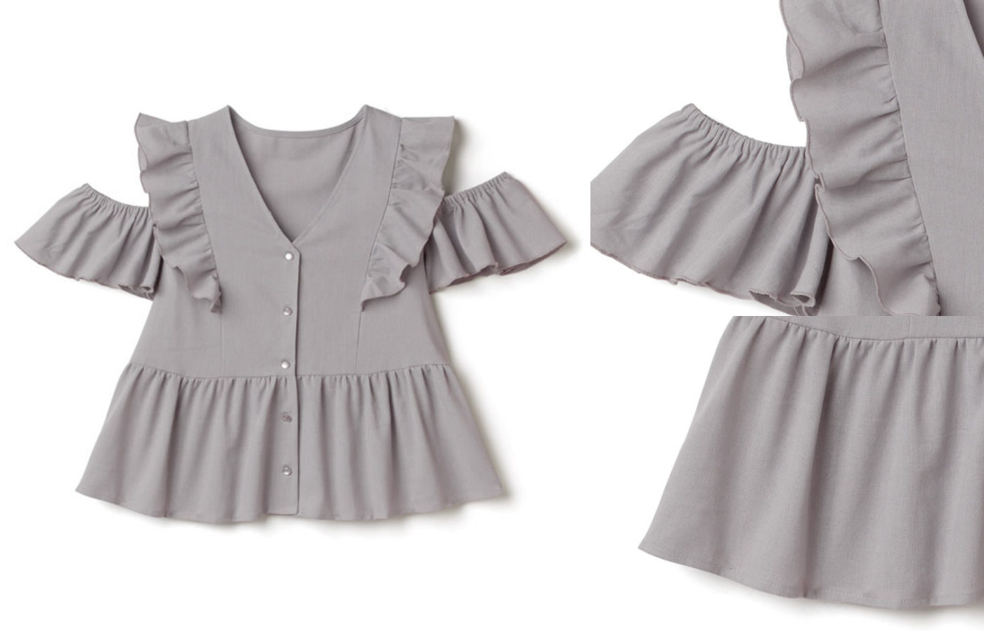 日本 GRL - 優雅荷葉邊挖肩V領短袖上衣-天使白