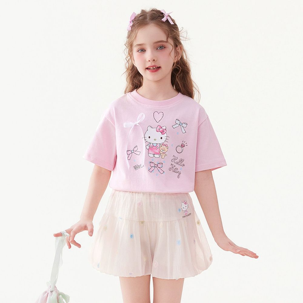純棉圓領短袖上衣+小花裙褲套裝-卡通人物Hello Kitty-粉色