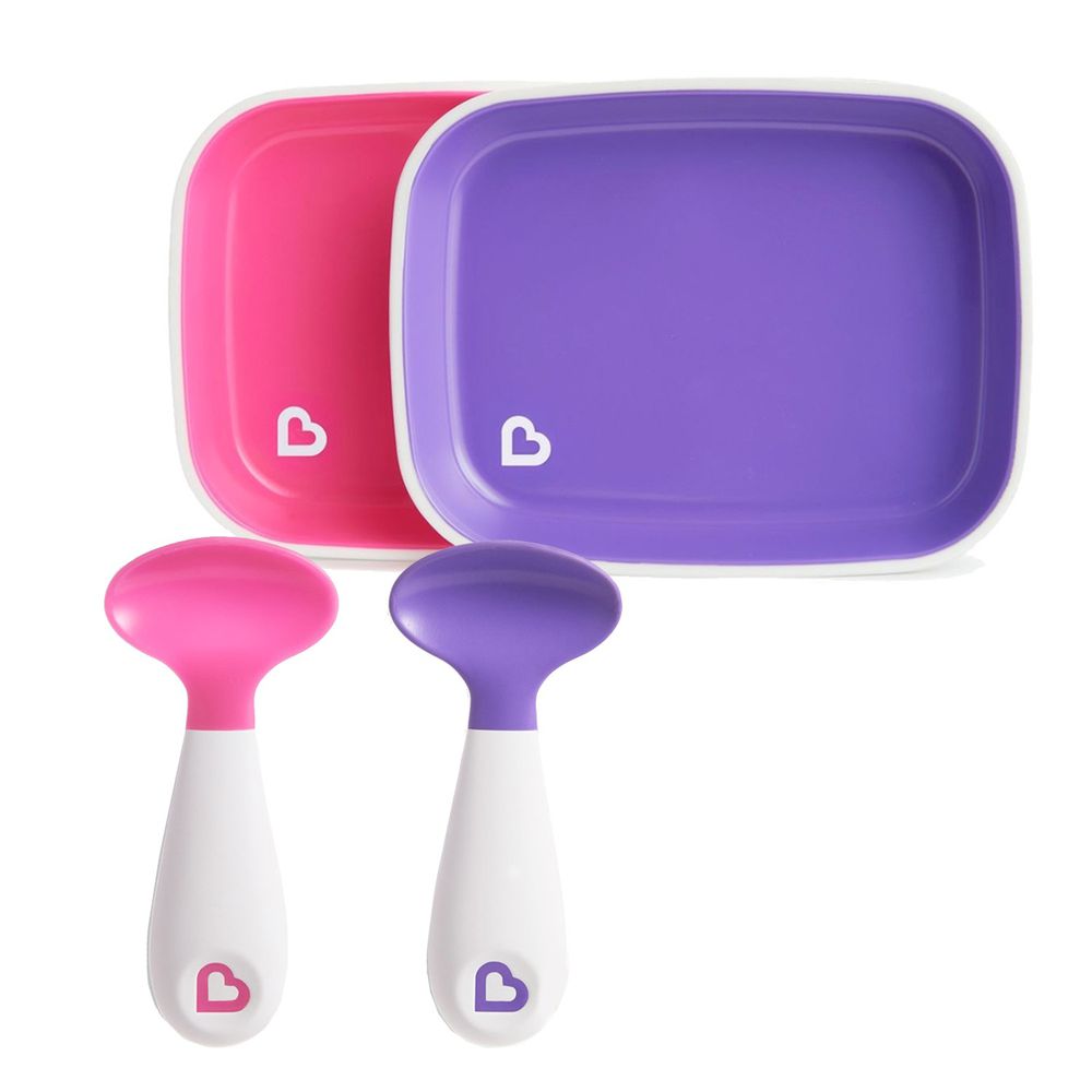 美國 munchkin - 買A送B組合：防滑餐盤2入(粉/紫) + 送左右手幼兒學習湯匙2入(粉/紫)