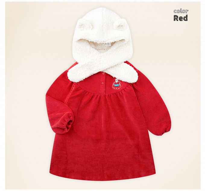 韓國 mollimelli - (含帽子)molli刺繡燈芯絨連身洋裝-紅