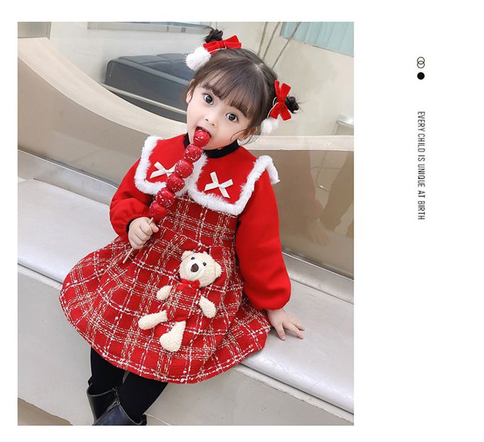 加厚翻領格紋連身裙-立體熊熊-紅色