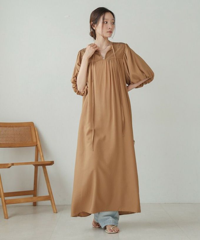 日本 Bab - 領口休閒綁帶泡泡短袖洋裝-焦糖棕 (M)