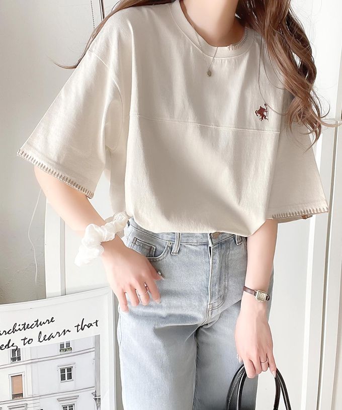 日本 Classical Elf - Java聯名 縫線刺繡風短袖T恤-炭黑