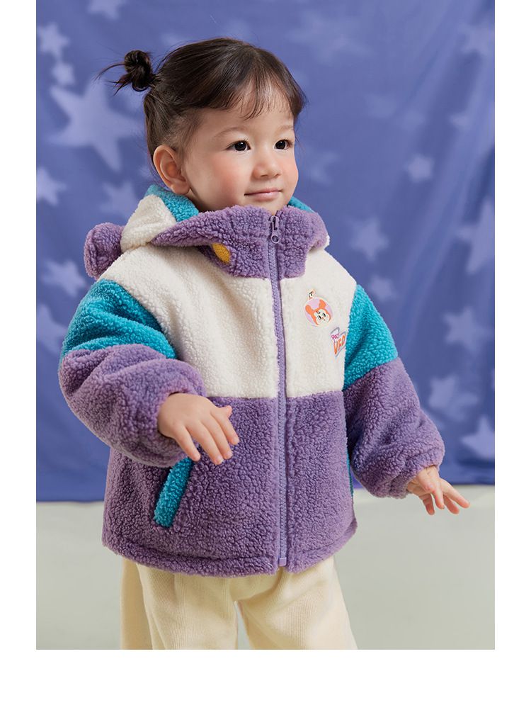 立體造型撞色羊羔絨連帽外套-UFO專員-藍色