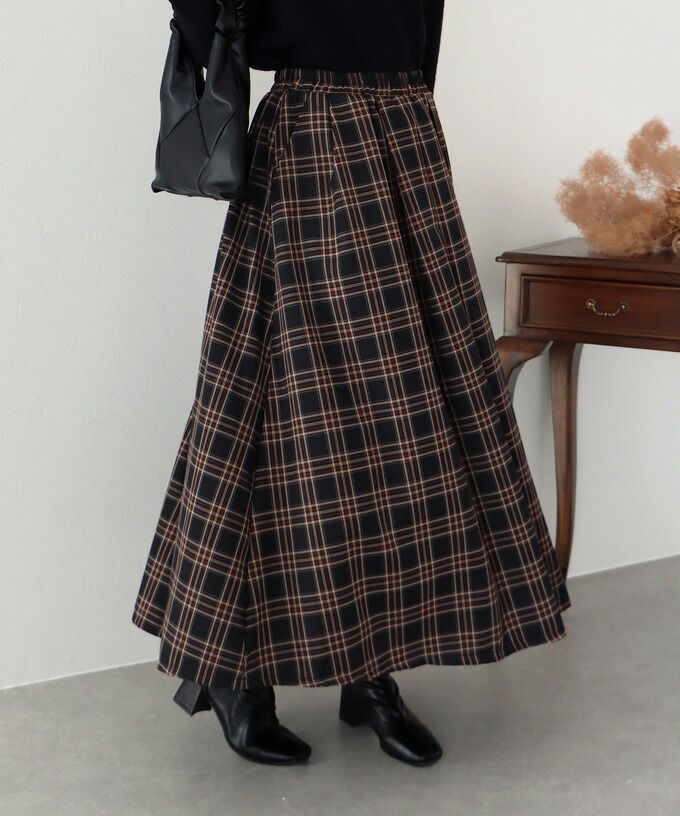 日本 BLUE EAST - 文藝細緻格紋顯瘦長裙-綠黃黑