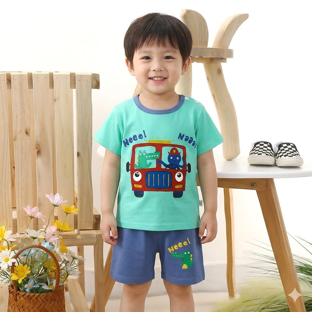 純棉透氣短袖短褲家居服套裝-紅色巴士