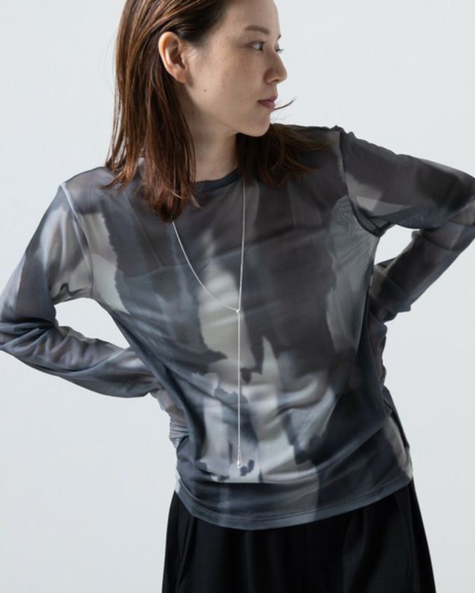 日本 gleam - 水彩畫風透膚休閒長袖上衣-米棕x撞色系