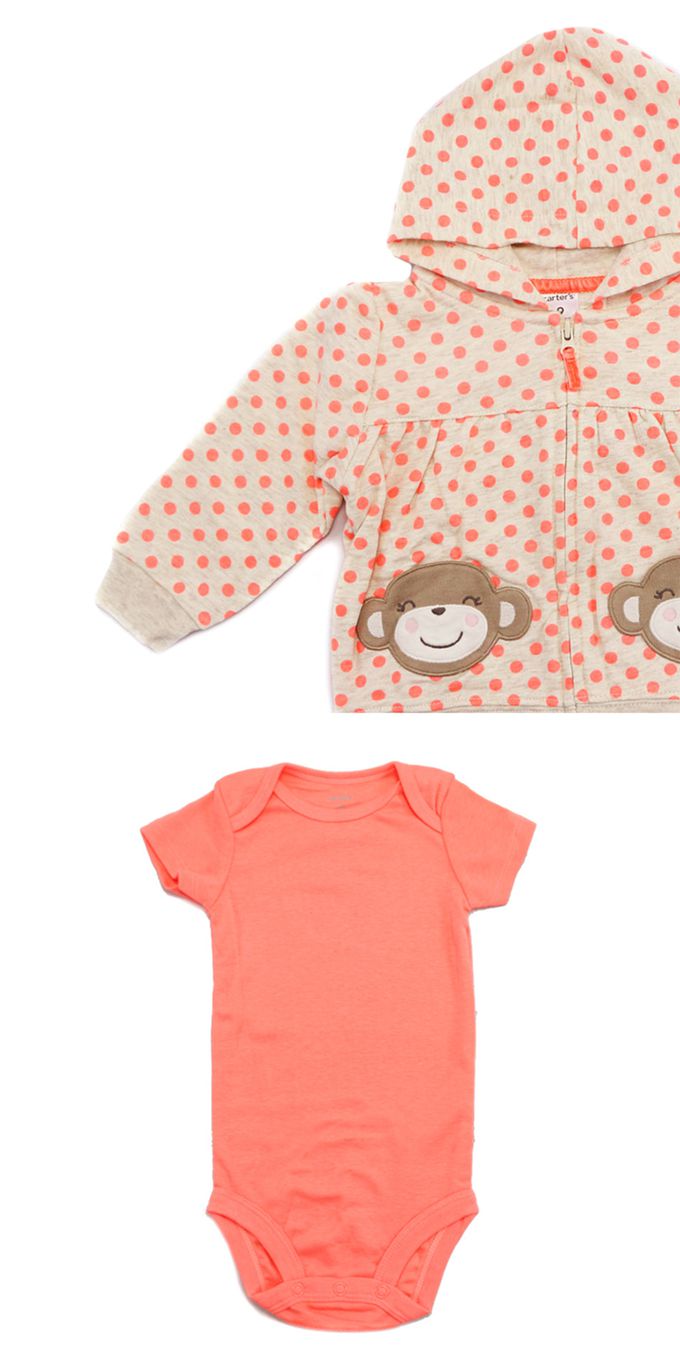 美國 Carter's - 小猴子貼布點點連帽外套+短袖包屁衣+長褲3件組