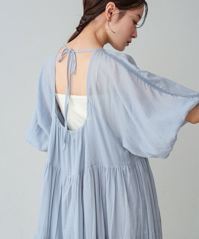 日本 Bab - 100%棉 巴里紗柔軟素色寬袖洋裝-水藍 (S)