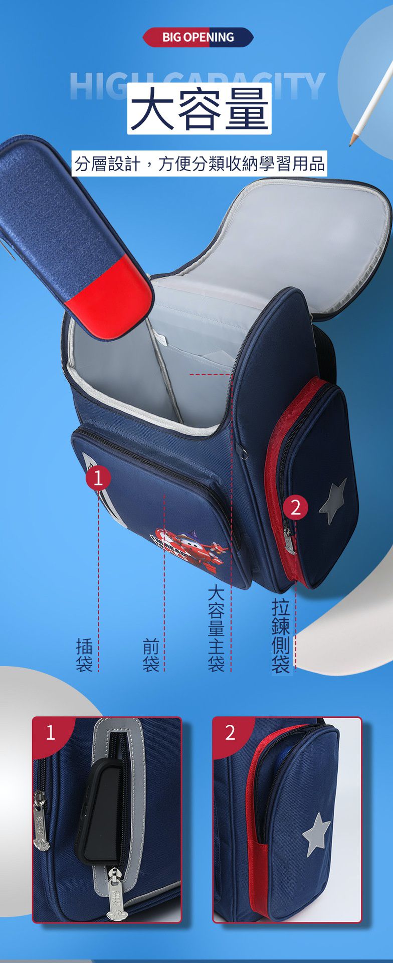 翻蓋大容量減壓書包(附筆袋)-卡通人物帥帥-藍色 (建議120~140cm)-31x17x41cm