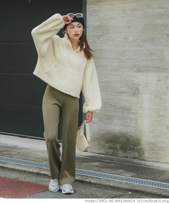 日本 COCA - 百搭美腿針織彈性垂墜寬褲-軍綠