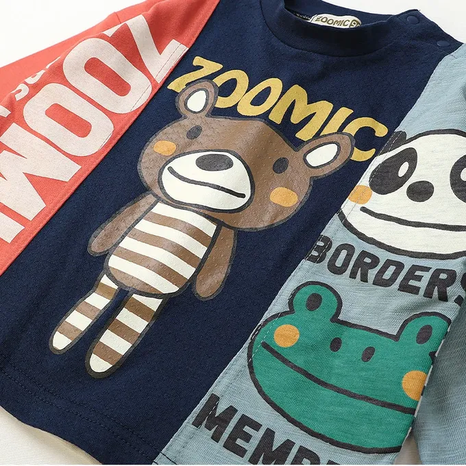 日本 ZOOLAND - 春季拼接風長袖上衣-撞色小熊-海軍藍