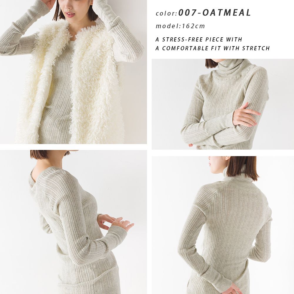 日本 OMNES - [定番]純棉彈性羅紋針織上衣-高領-灰-1250